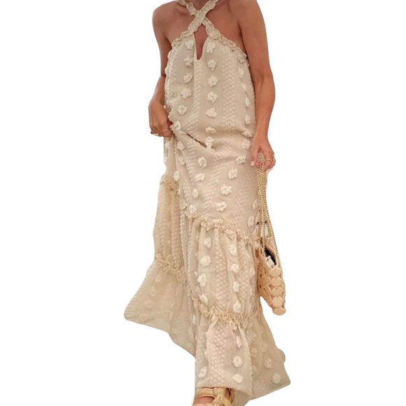 Dresses & Skirts - Waterfall Appliqué Flowers Tie Strap Loose Long Halter Ruffle Dress